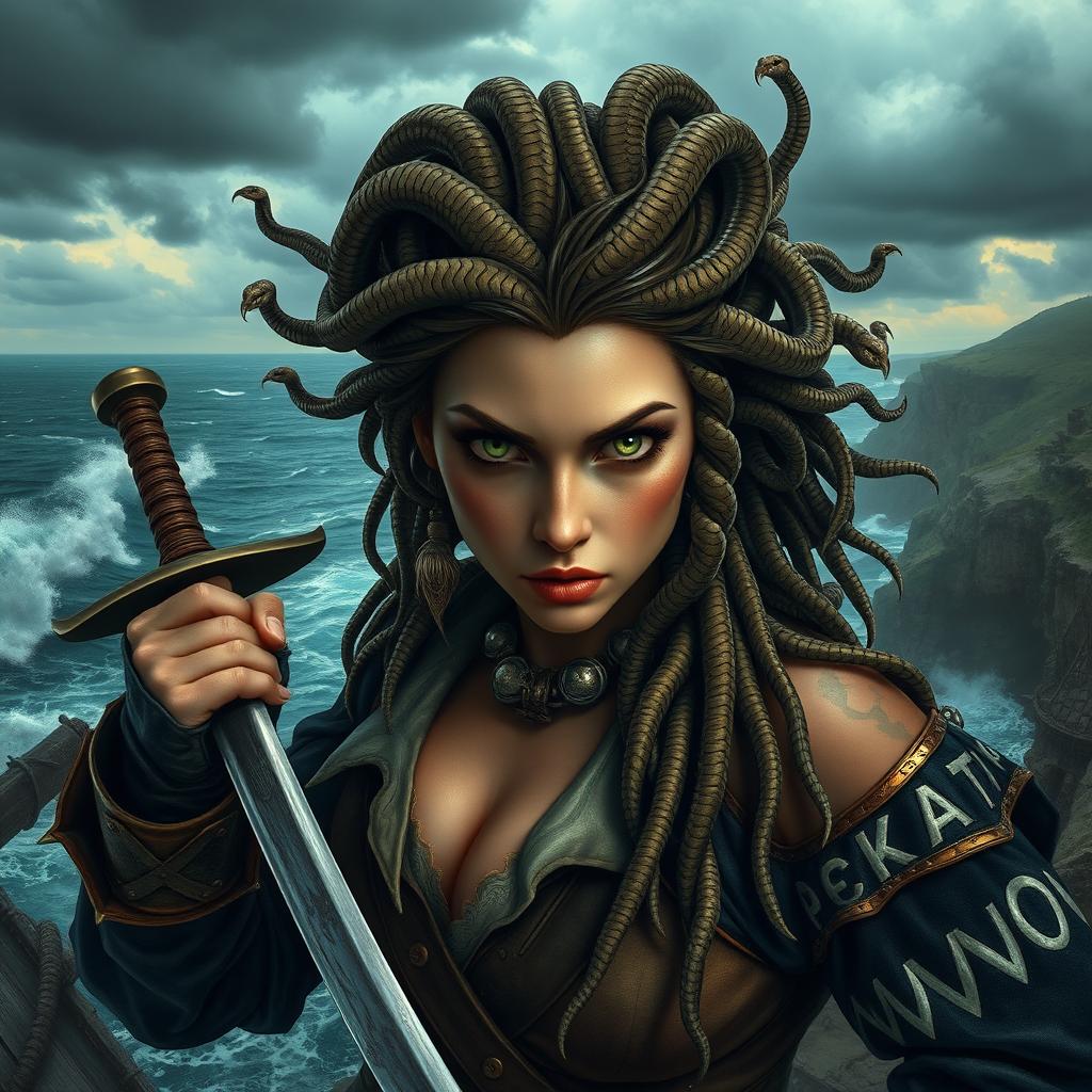 A stunning scene featuring a female pirate with medusa-like traits, adorned in rich, intricate pirate attire with a mix of dark, earthy colors