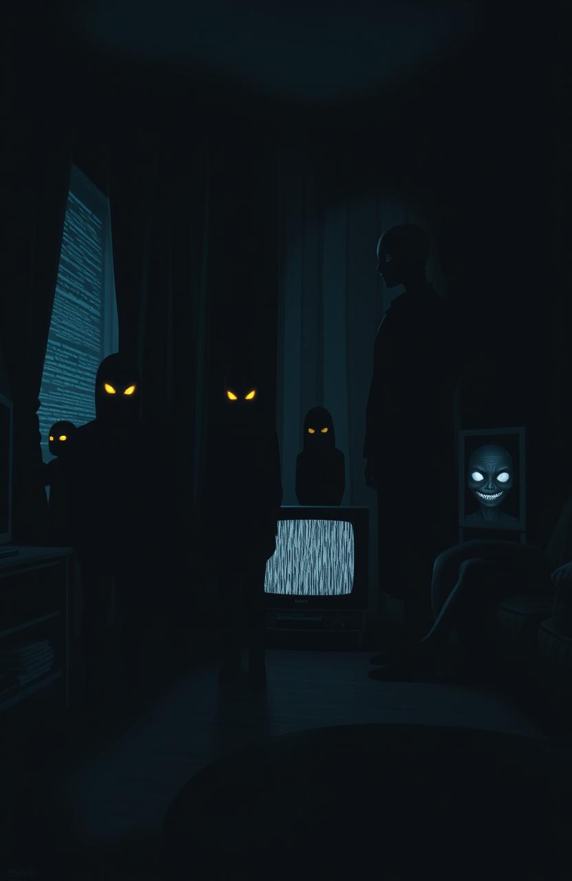 A dark living room with an atmosphere of mystery and unease, dominated by colors of deep blacks and blues