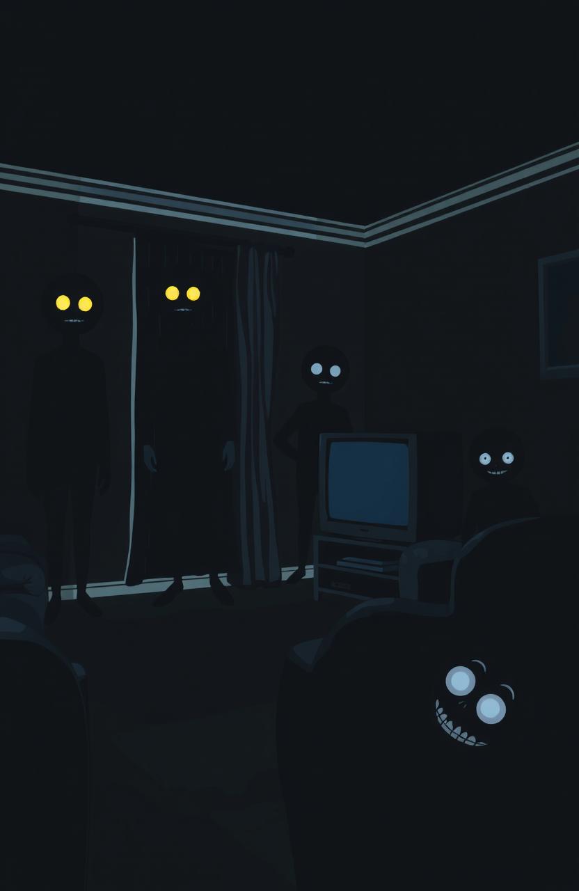 A dark living room with walls and furniture in deep blacks and blues