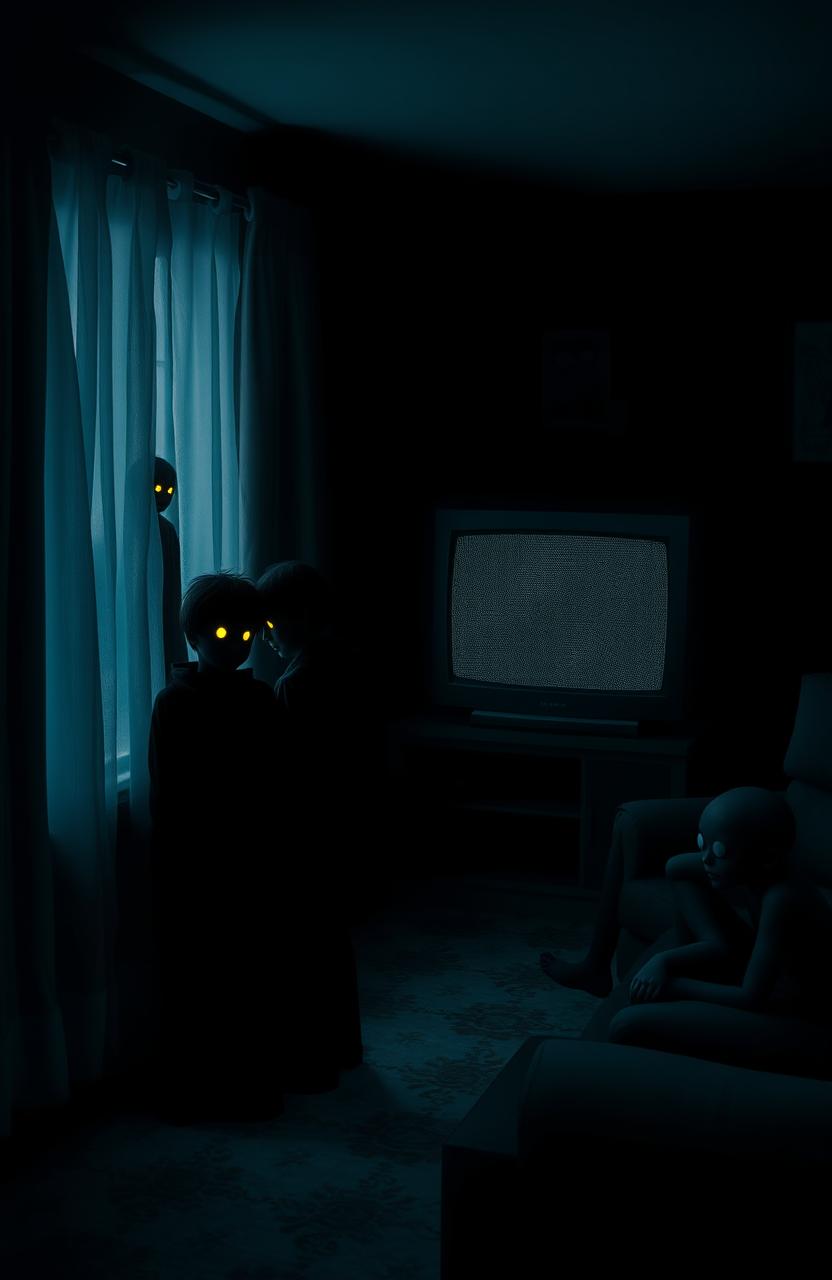A dark living room with a moody atmosphere, dominated by deep blacks and blues
