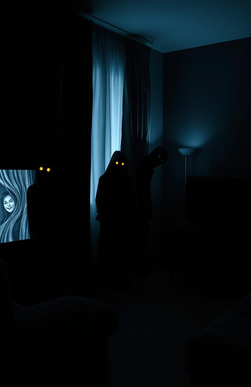 A dark living room featuring colors in blacks and deep blues, creating a mysterious and eerie atmosphere