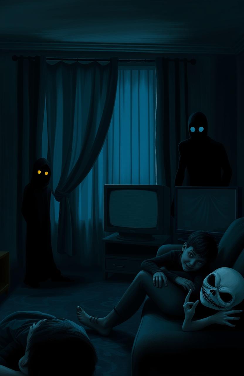 A dark living room with a color palette of blacks and blues, creating a moody atmosphere