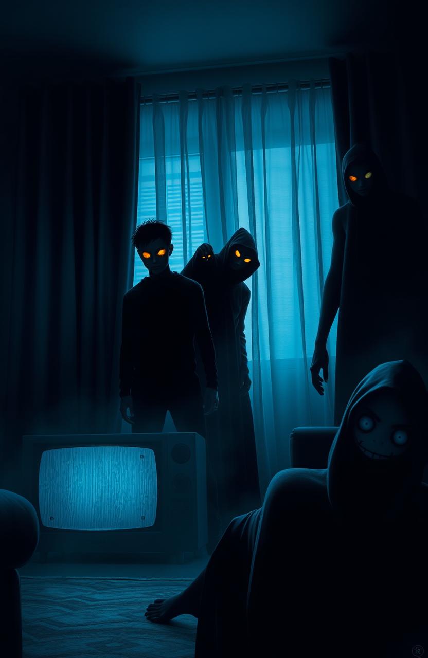 A dark living room filled with deep blacks and blues, featuring five ominous black shadowy figures