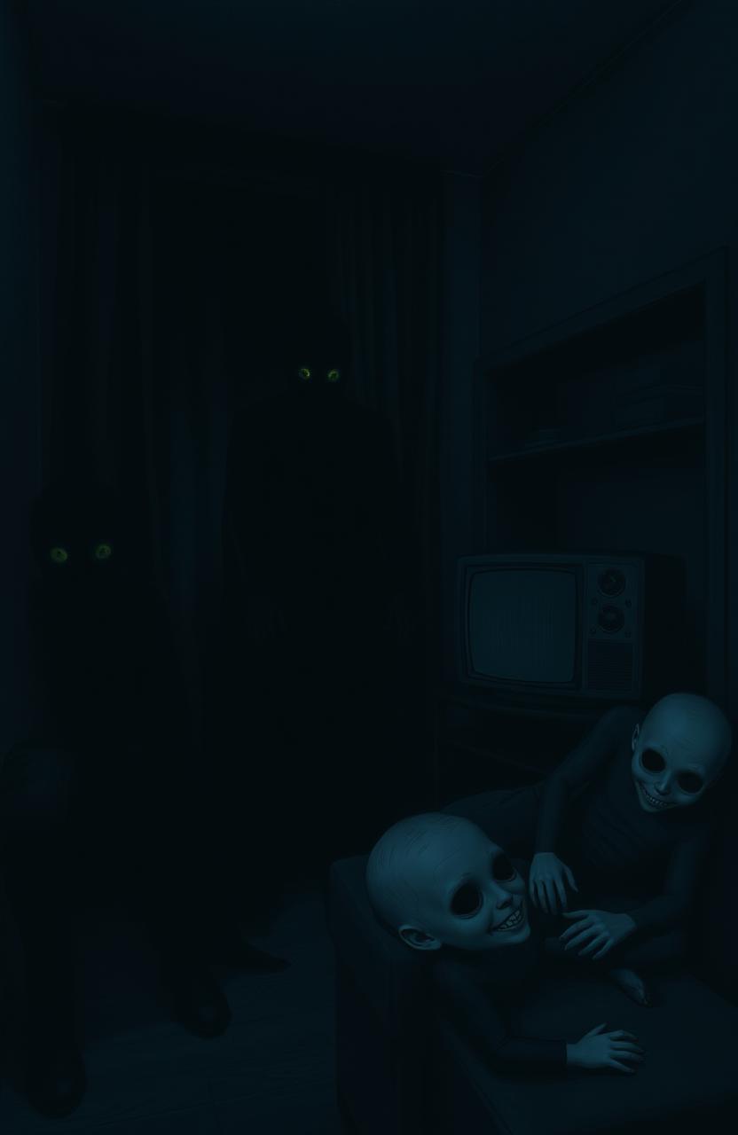 A dark living room with a moody atmosphere, colors dominated by blacks and deep blues