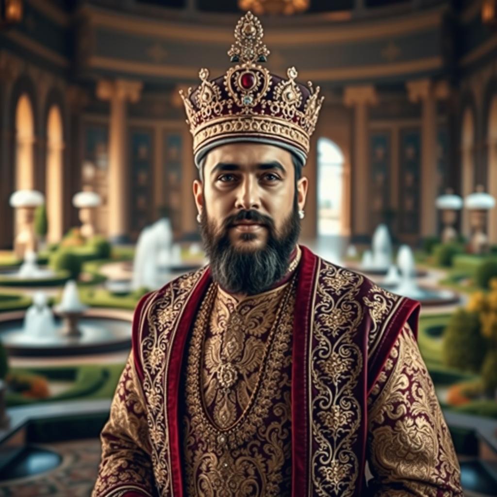 A regal Persian prince adorned in traditional luxurious attire, featuring intricate gold embroidery and richly colored fabrics, standing confidently in a grand palace setting