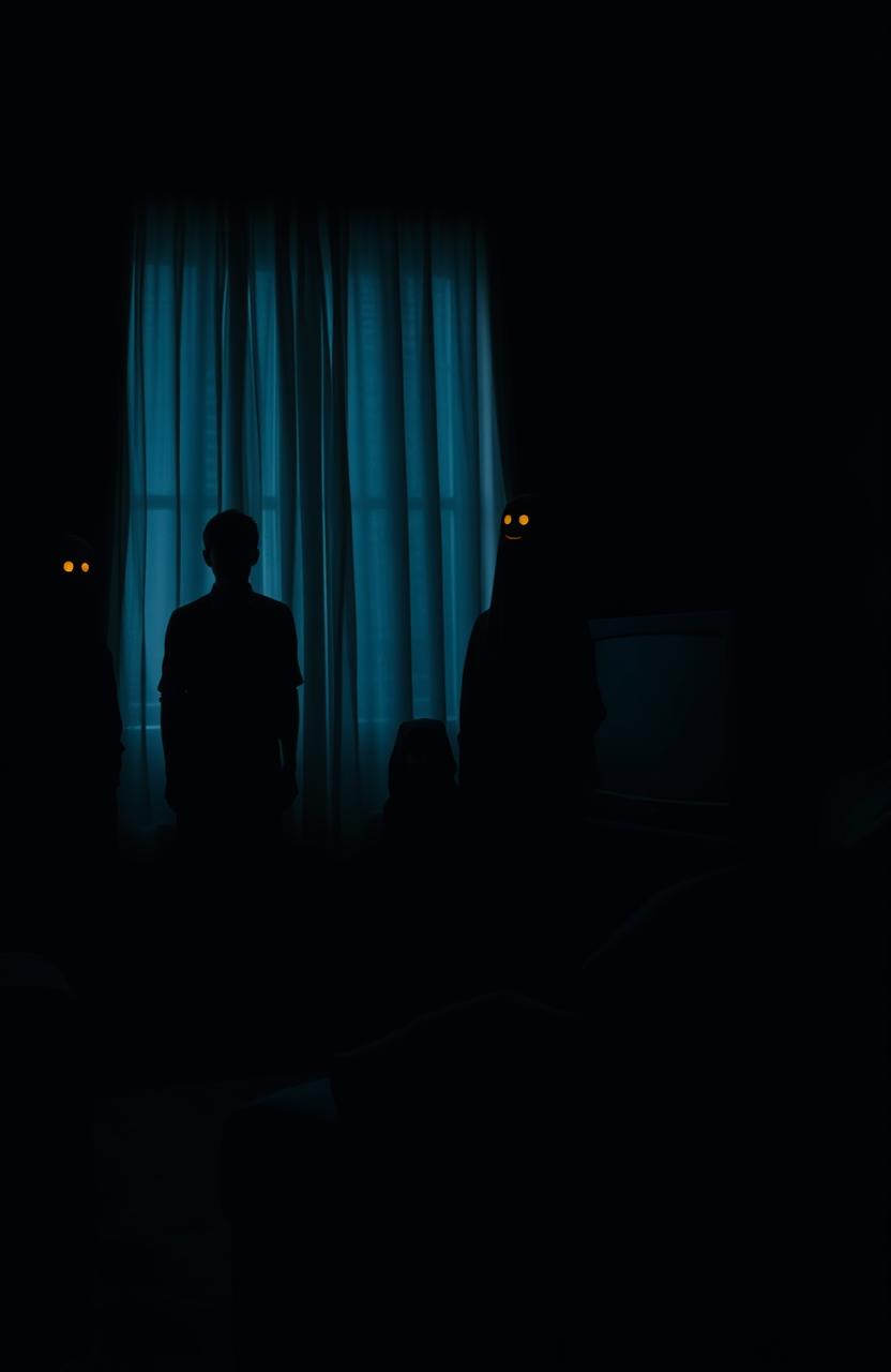 A dark living room filled with deep blacks and blues, creating an eerie ambiance