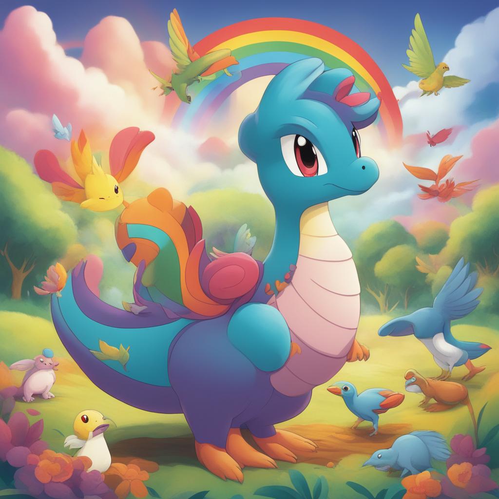 A high-quality digital art image of a unique Pokemon character, Platter Saurus, blending features of a dinosaur, serving platter, peacock, cat, deer, and various birds