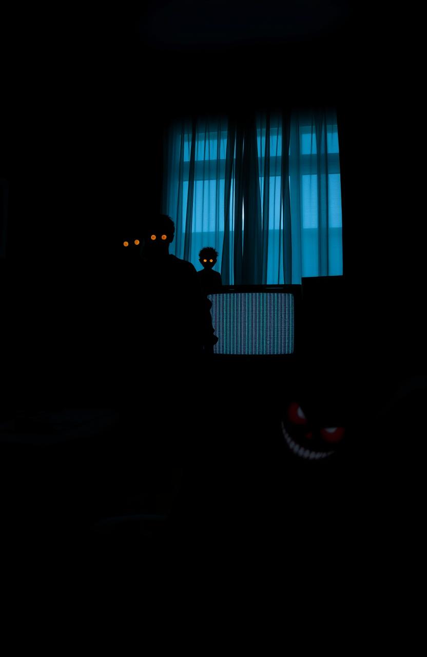A dark living room illuminated with deep blacks and blues, featuring an eerie atmosphere