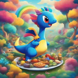 A high-quality digital art image of a unique Pokemon character, Platter Saurus, blending features of a dinosaur, serving platter, peacock, cat, deer, and various birds