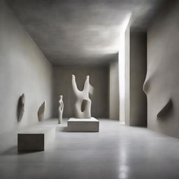 An extraordinary, extra-large avant-garde gallery heightened in its abstract dimensionality. Its polished concrete walls dramatically expand the room's scale, with a beach-inspired floor, sand sculptures, and tiny silhouettes engrossed in the artwork. The scene is pushed to the extreme with striking architectural photography.