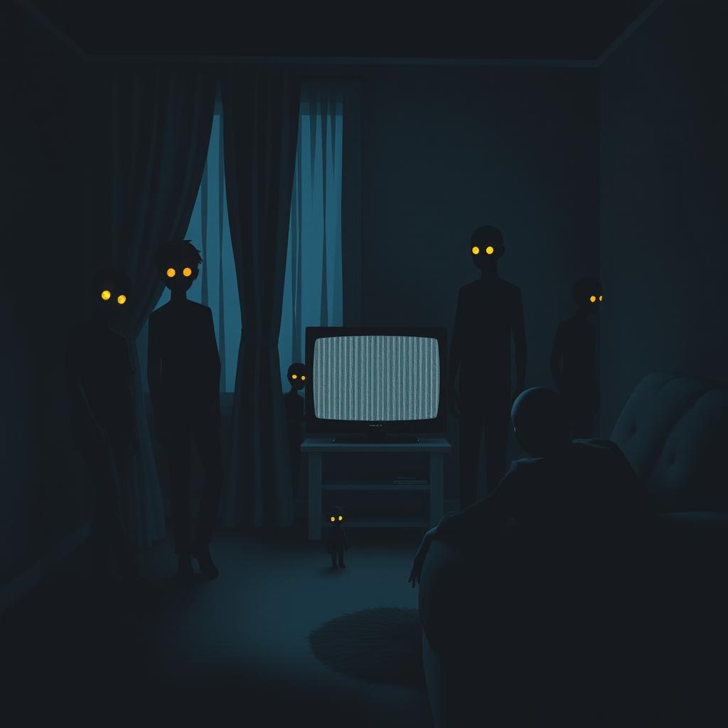 A dark living room with a color palette dominated by blacks and blues, creating a haunting atmosphere