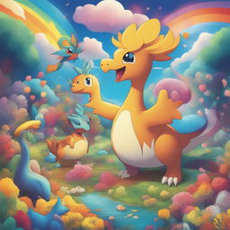 A high-quality digital art image of a unique Pokemon character, Platter Saurus, blending features of a dinosaur, serving platter, peacock, cat, deer, and various birds