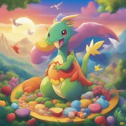 A high-quality digital art image of a unique Pokemon character, Platter Saurus, blending features of a dinosaur, serving platter, peacock, cat, deer, and various birds