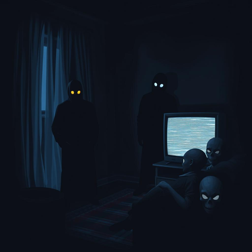 A dark living room set in a house, characterized by a haunting color scheme of blacks and blues