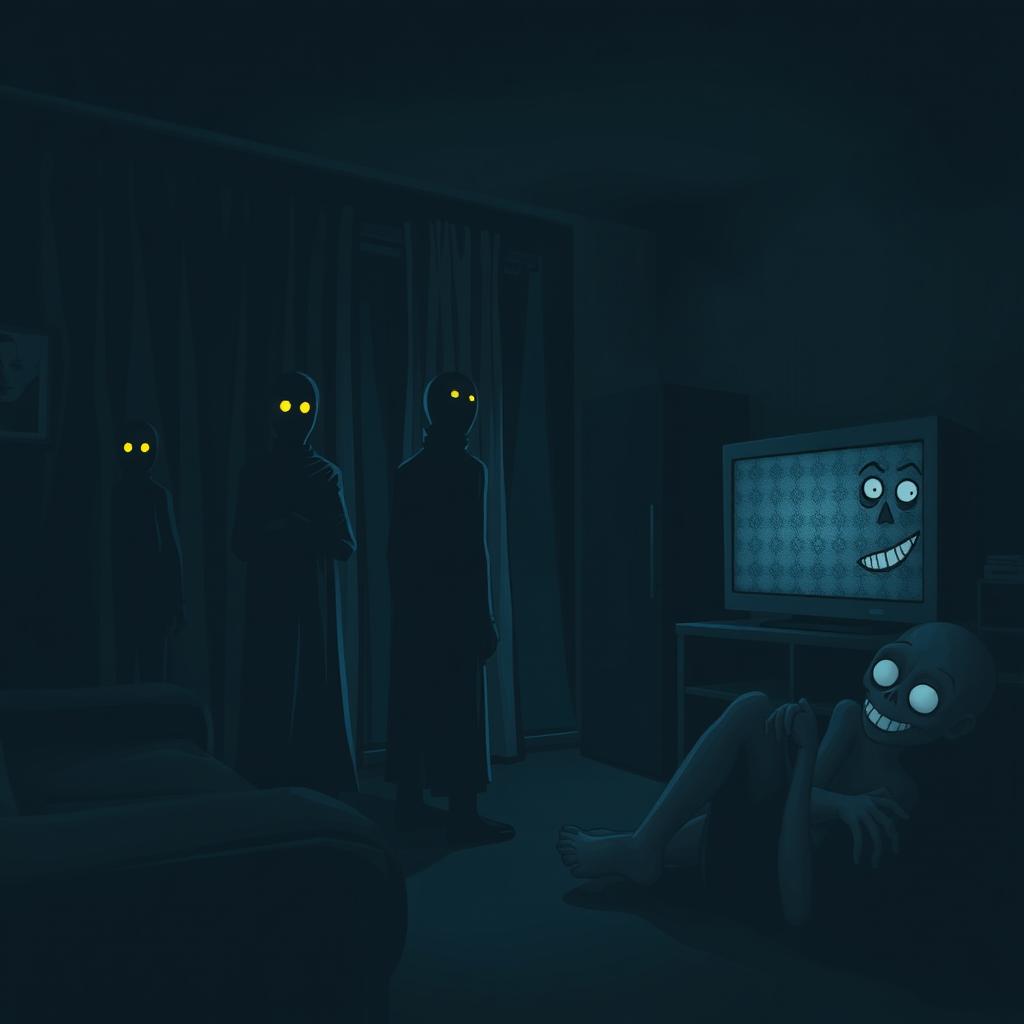 A dark living room with a chilling atmosphere, dominated by shades of black and blue