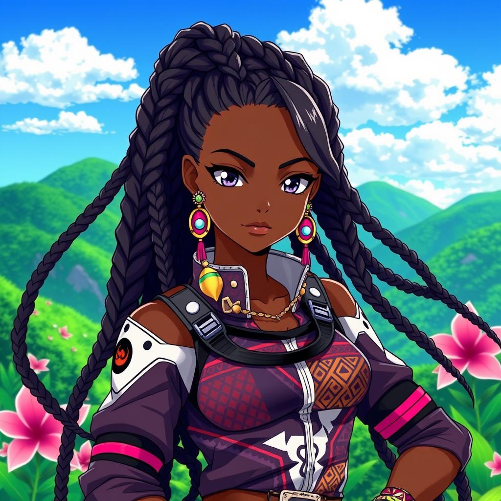 A strong and elegant Black female anime character, with long flowing hair styled into intricate braids, wearing a stylish futuristic outfit that blends traditional African patterns with modern technology