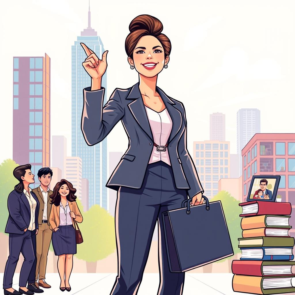 An empowering illustration of a successful woman glowing with confidence and achievement