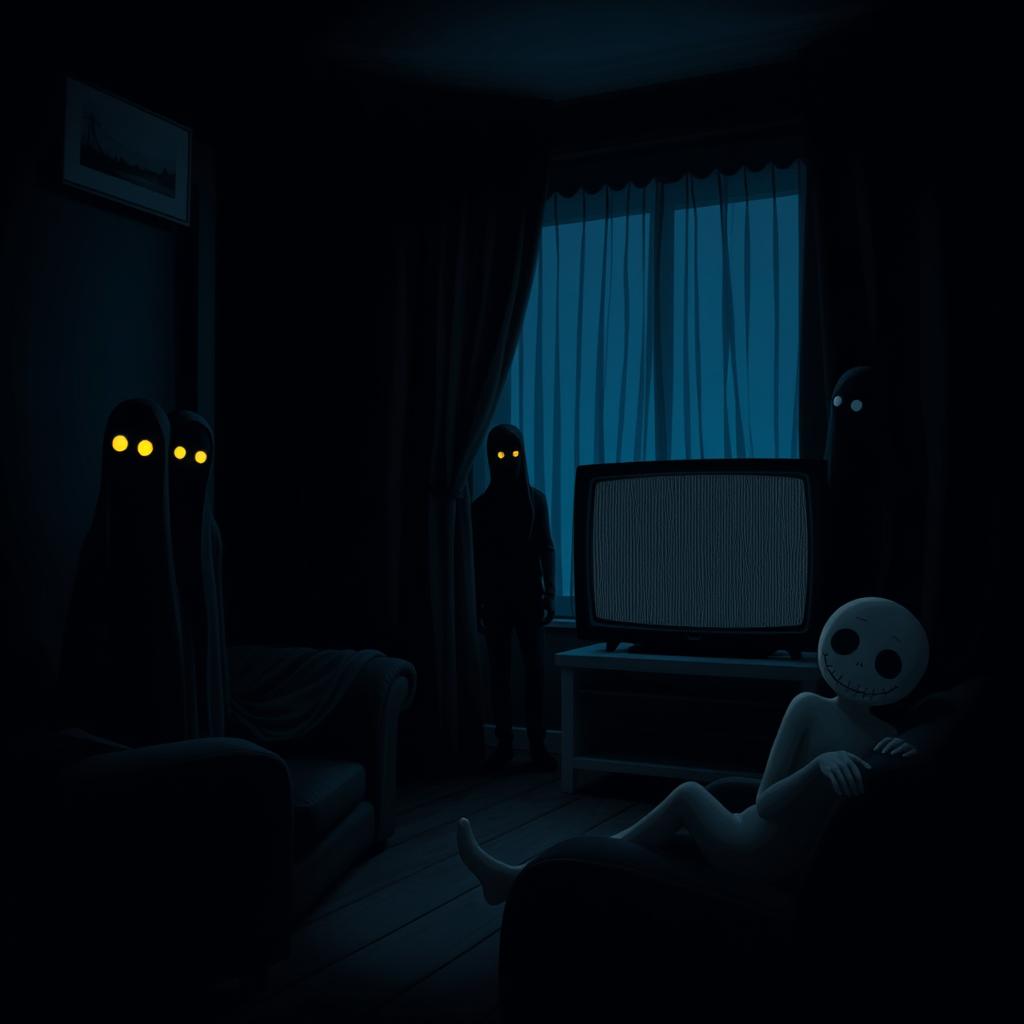 A dark living room featuring a haunting color scheme of blacks and blues