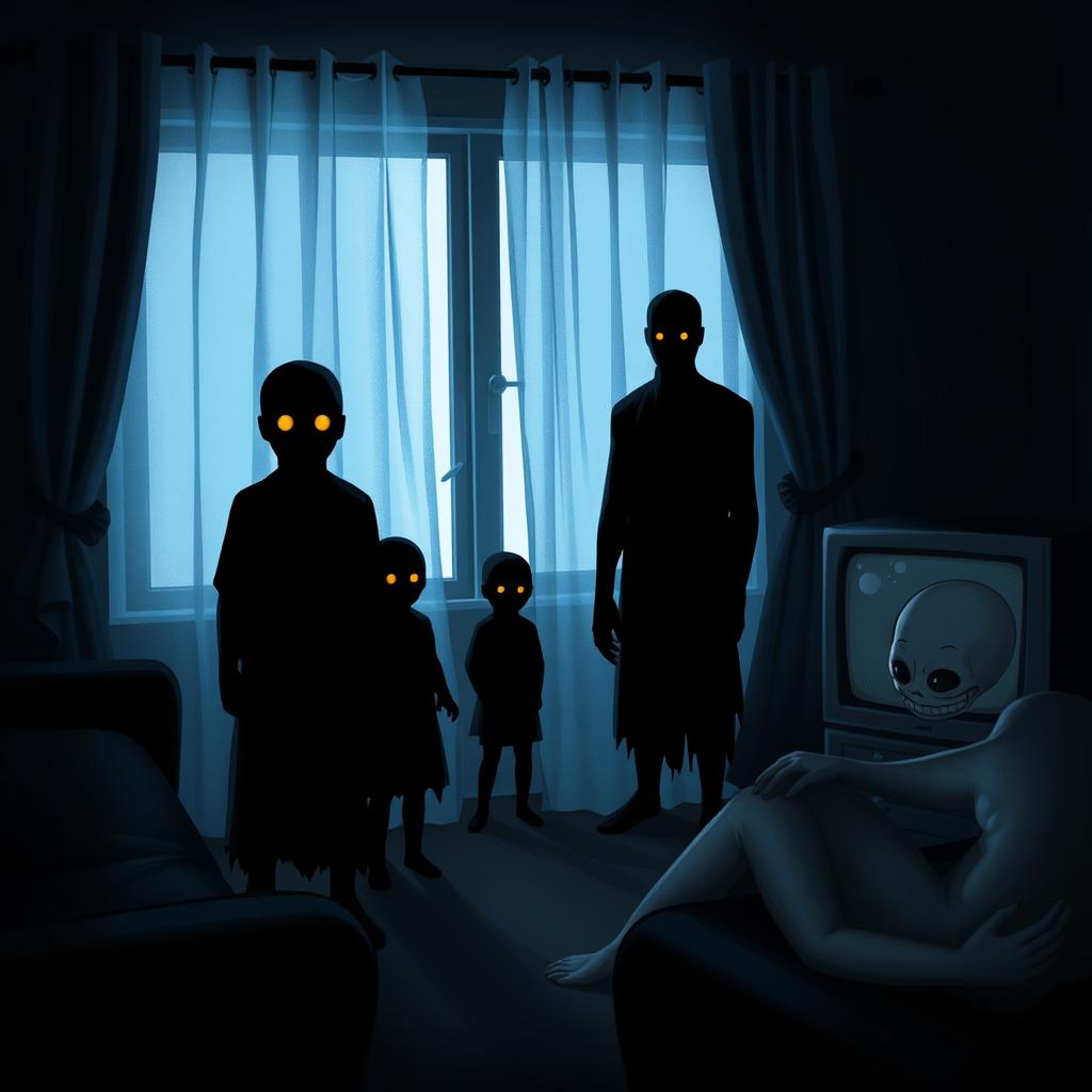 In a dark living room, dominated by shades of black and blue, five eerie black figures occupy the corners