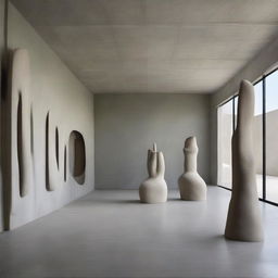 An extraordinary, extra-large avant-garde gallery heightened in its abstract dimensionality. Its polished concrete walls dramatically expand the room's scale, with a beach-inspired floor, sand sculptures, and tiny silhouettes engrossed in the artwork. The scene is pushed to the extreme with striking architectural photography.