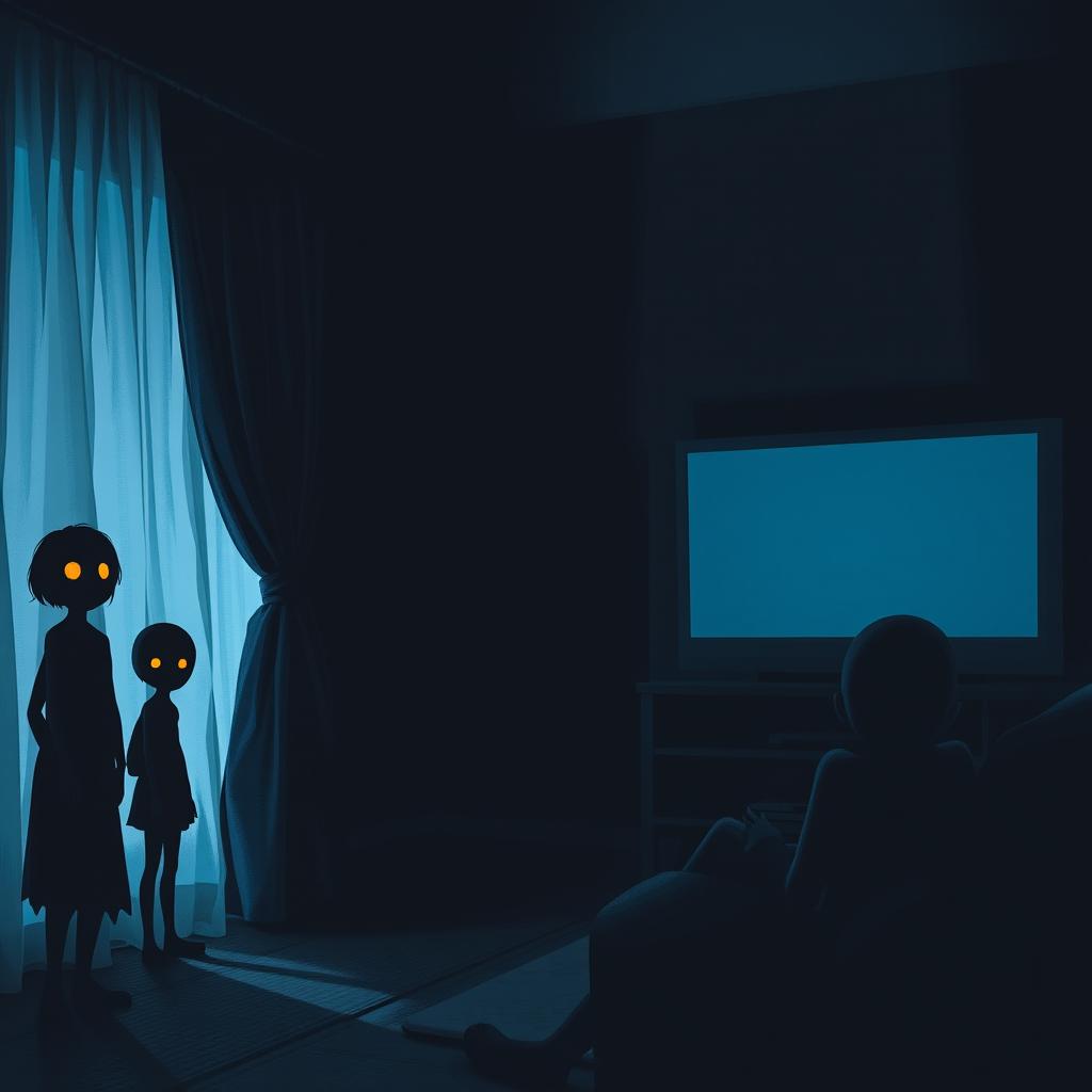 A dark living room featuring a color palette of blacks and blues