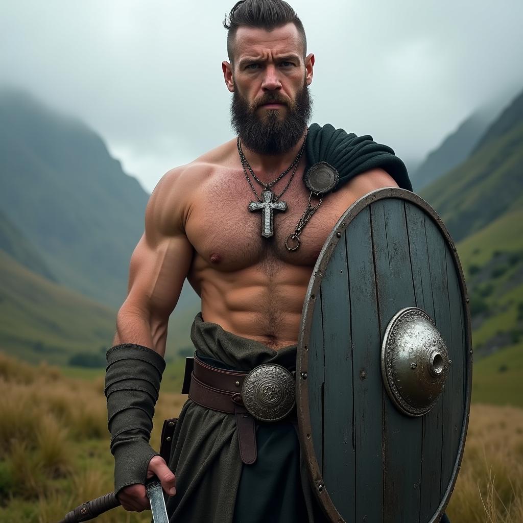 A strong highlander man showcasing a well-defined muscled chest, proudly carrying a traditional medieval shield and sword