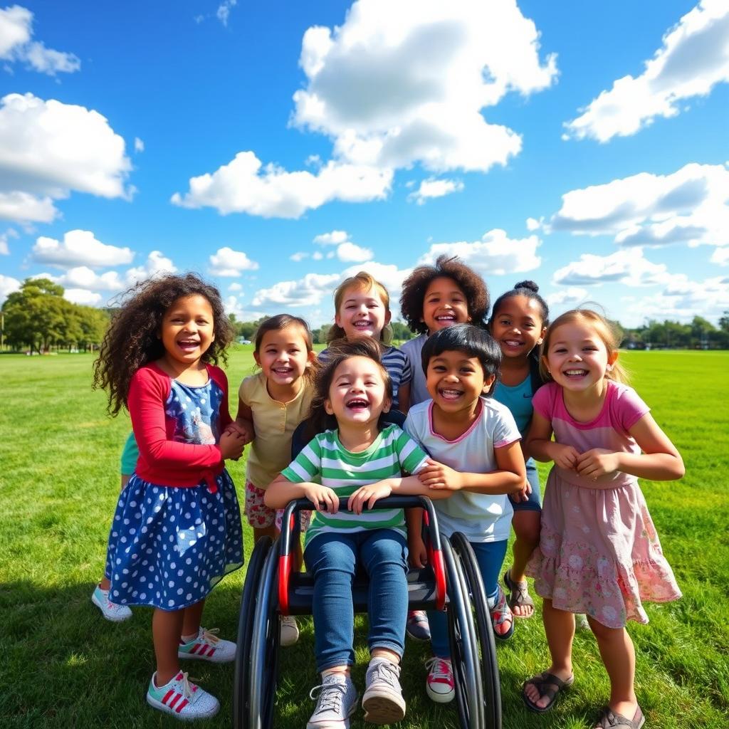A vibrant and uplifting scene of a diverse group of children, including several children with disabilities, joyfully playing together in a park