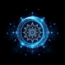 A mystical logo design that incorporates elements like an ornate crescent moon, intricate patterns resembling stars, and a celestial theme with shades of deep blue and silver