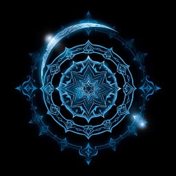 A mystical logo design that incorporates elements like an ornate crescent moon, intricate patterns resembling stars, and a celestial theme with shades of deep blue and silver