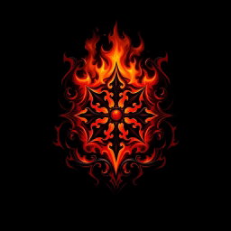 A mystical logo design featuring a dark fire theme, incorporating elements like flickering flames in shades of deep red, orange, and black