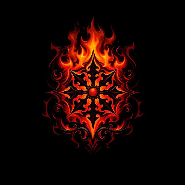 A mystical logo design featuring a dark fire theme, incorporating elements like flickering flames in shades of deep red, orange, and black