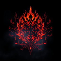 A mystical logo design featuring a dark fire theme, incorporating elements like flickering flames in shades of deep red, orange, and black
