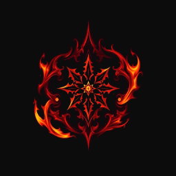 A mystical logo design featuring a dark fire theme, incorporating elements like flickering flames in shades of deep red, orange, and black