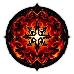 A mystical logo design featuring a dark fire theme, incorporating elements like flickering flames in shades of deep red, orange, and black