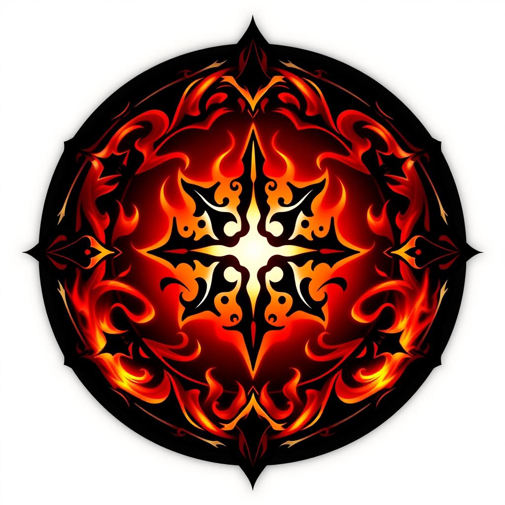 A mystical logo design featuring a dark fire theme, incorporating elements like flickering flames in shades of deep red, orange, and black