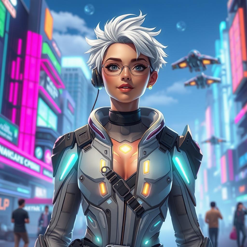 A futuristic version of a person, showcasing innovative attire and advanced technology