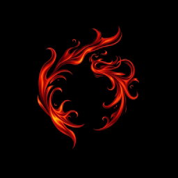 A mystical dark fire logo, featuring intricate and swirling flames in shades of deep red and orange, with glowing embers and a sense of movement, set against a solid black background