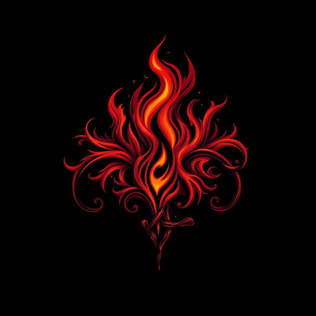 A mystical dark fire logo, featuring intricate and swirling flames in shades of deep red and orange, with glowing embers and a sense of movement, set against a solid black background