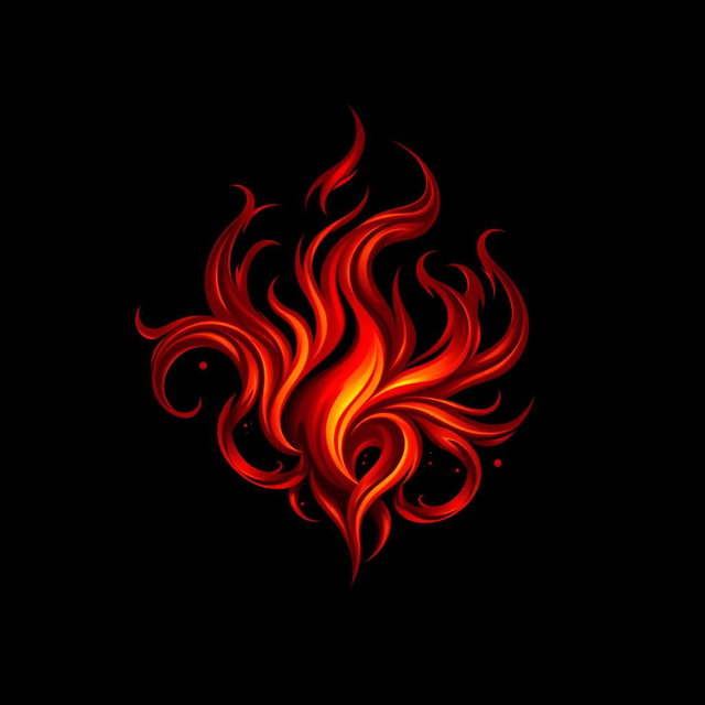 A mystical dark fire logo, featuring elaborate and swirling flames in rich shades of deep red and orange, illuminated by subtle glowing embers