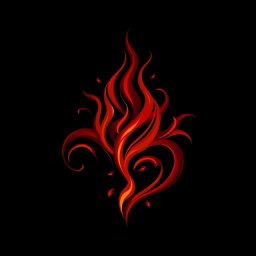 A mystical dark fire logo, featuring elaborate and swirling flames in rich shades of deep red and orange, illuminated by subtle glowing embers