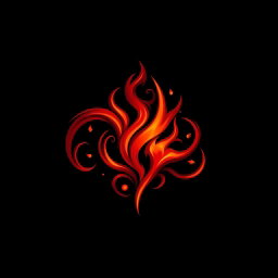 A mystical dark fire logo, featuring elaborate and swirling flames in rich shades of deep red and orange, illuminated by subtle glowing embers