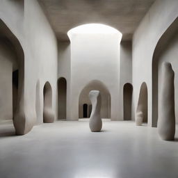 An extraordinary, extra-large avant-garde gallery heightened in its abstract dimensionality. Its polished concrete walls dramatically expand the room's scale, with a beach-inspired floor, sand sculptures, and tiny silhouettes engrossed in the artwork. The scene is pushed to the extreme with striking architectural photography.