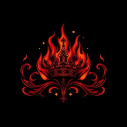 A mystical dark fire logo featuring elaborate, swirling flames in deep red and orange, accented by glowing embers