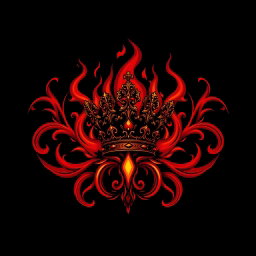 A mystical dark fire logo featuring elaborate, swirling flames in deep red and orange, accented by glowing embers