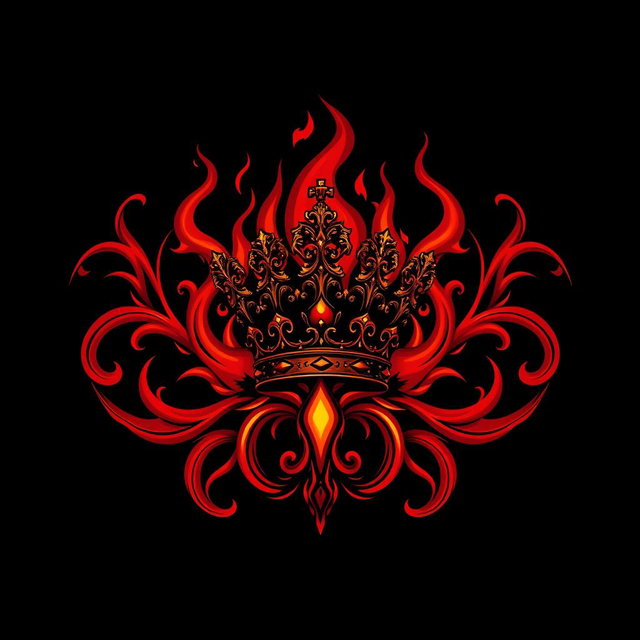 A mystical dark fire logo featuring elaborate, swirling flames in deep red and orange, accented by glowing embers