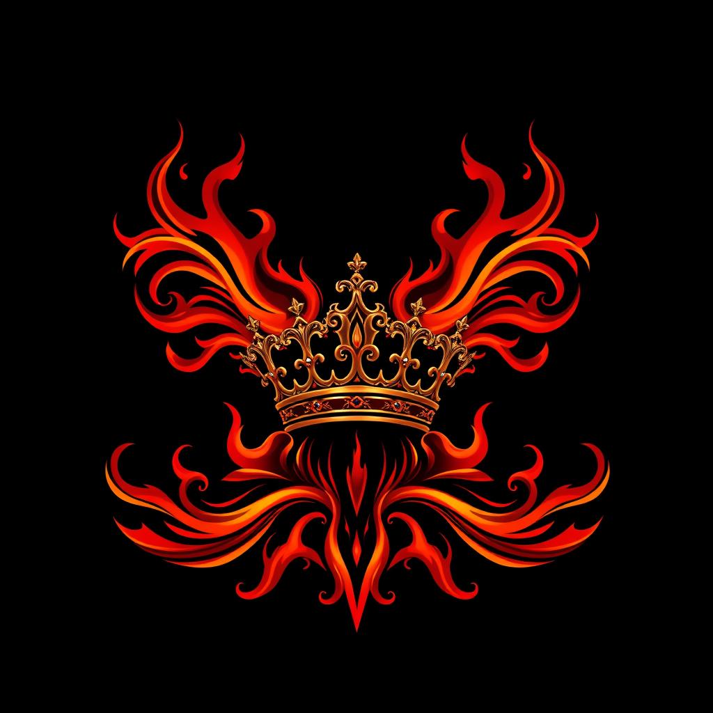 A mystical dark fire logo featuring elaborate, swirling flames in deep red and orange, accented by glowing embers