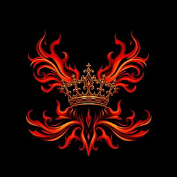 A mystical dark fire logo featuring elaborate, swirling flames in deep red and orange, accented by glowing embers