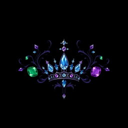 A mystical dark jewelry logo showcasing intricate and elegant designs of various gemstones, in deep and rich hues like emerald green, royal blue, and amethyst purple