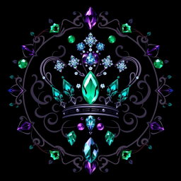 A mystical dark jewelry logo showcasing intricate and elegant designs of various gemstones, in deep and rich hues like emerald green, royal blue, and amethyst purple