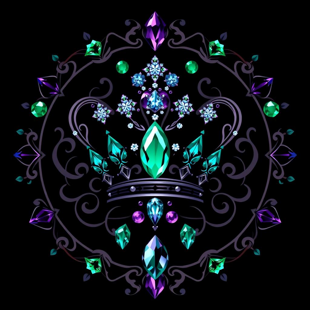 A mystical dark jewelry logo showcasing intricate and elegant designs of various gemstones, in deep and rich hues like emerald green, royal blue, and amethyst purple